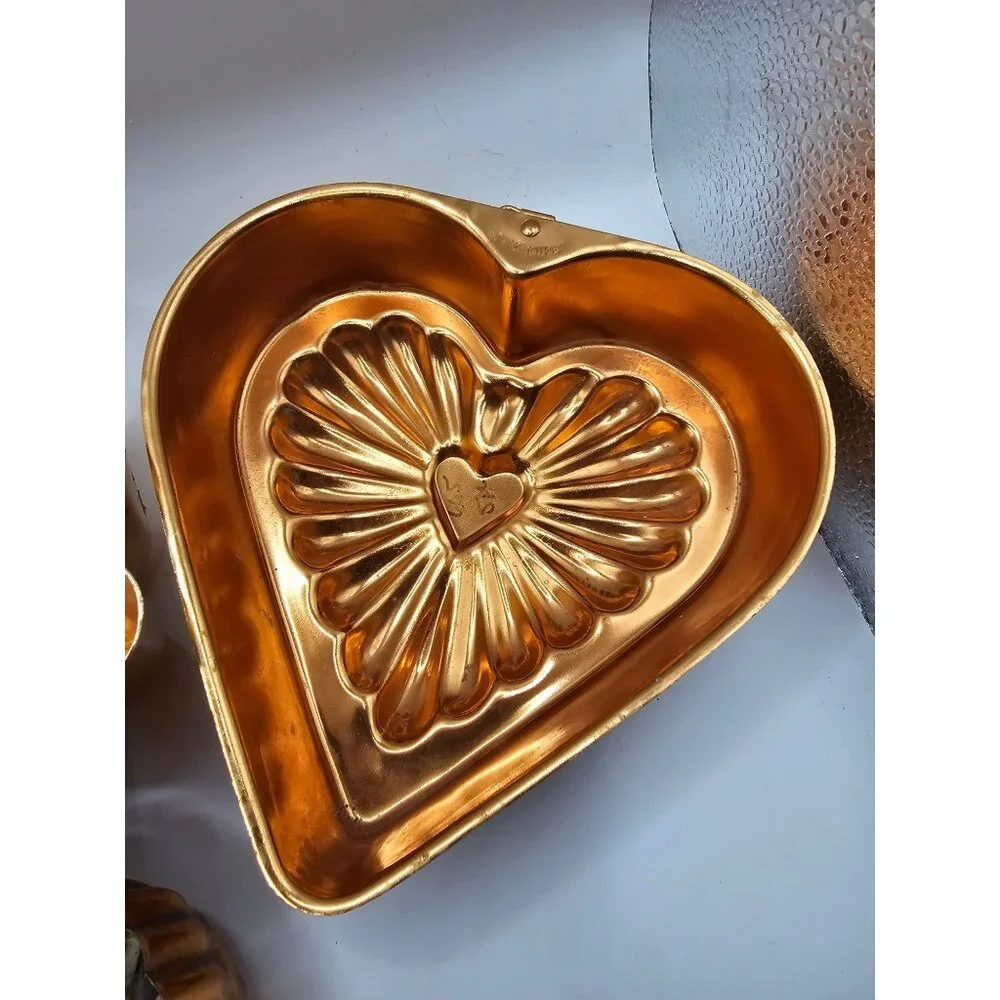 Vintage Copper Molds Set Of 3 With Floral Heart & Grape Designs For Kitchen Deco